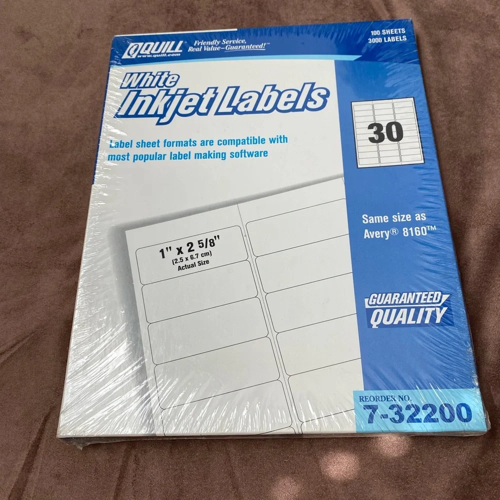 Quill White InkJet Labels. 3000 labels, 100 sheets. 30 per page. Sealed, NIB